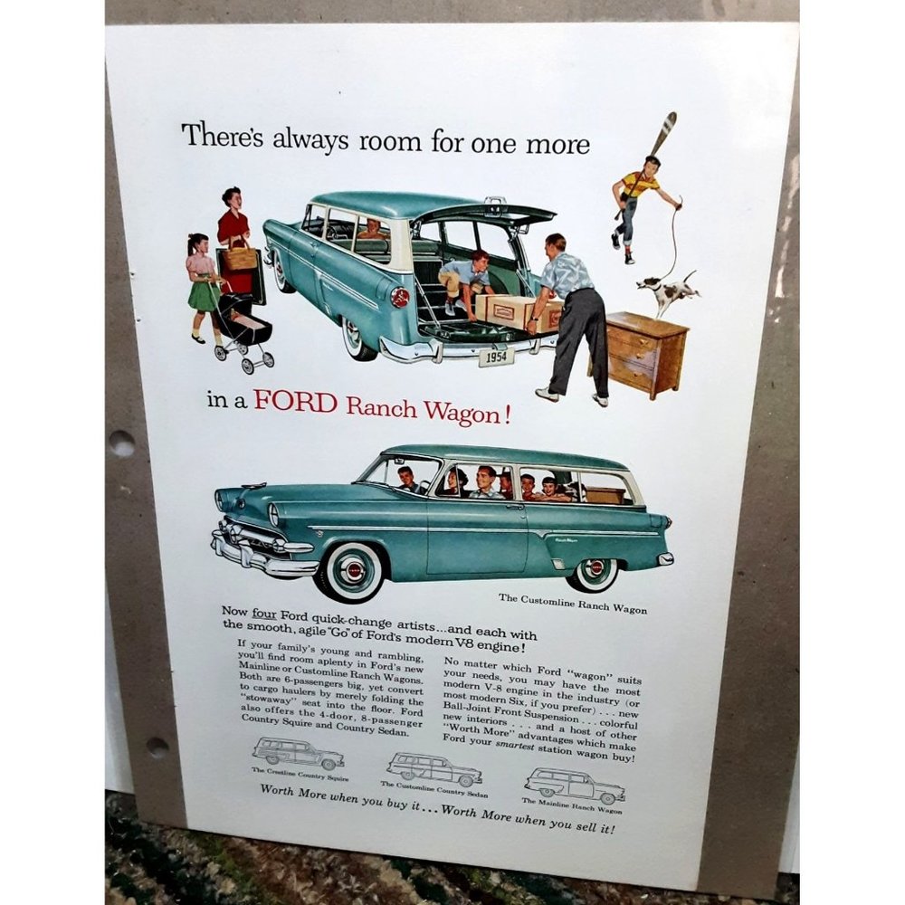 1954 Ford Ranch Wagon Customline with V8 Engine Print Ad vintage 50s